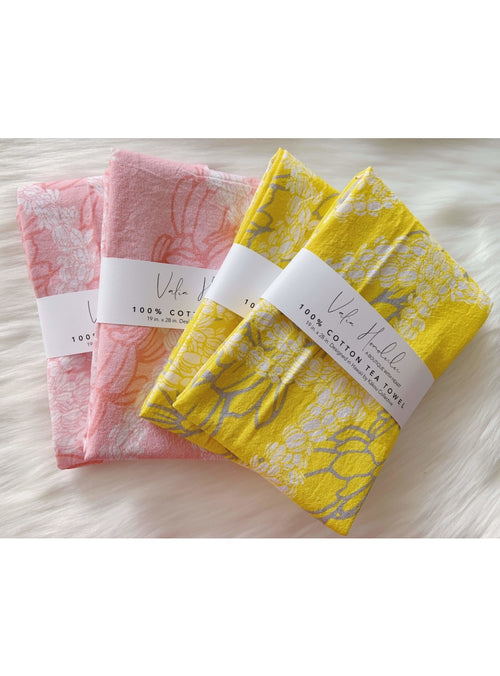 Valia Honolulu Home Pīkake Lei Tea Towel in Guava Valia x Kākou Collective Collaboration Tea Towels in Pīkake Lei Valia Honolulu
